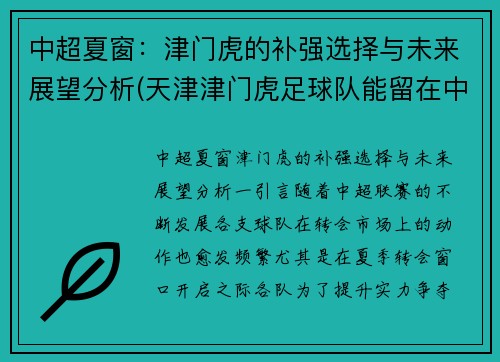 中超夏窗：津门虎的补强选择与未来展望分析(天津津门虎足球队能留在中超)