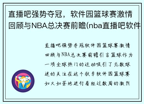 直播吧强势夺冠，软件园篮球赛激情回顾与NBA总决赛前瞻(nba直播吧软件下载)