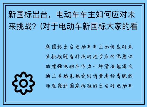 新国标出台，电动车车主如何应对未来挑战？(对于电动车新国标大家的看法)