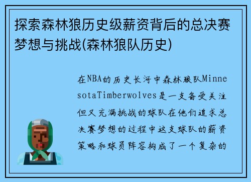 探索森林狼历史级薪资背后的总决赛梦想与挑战(森林狼队历史)